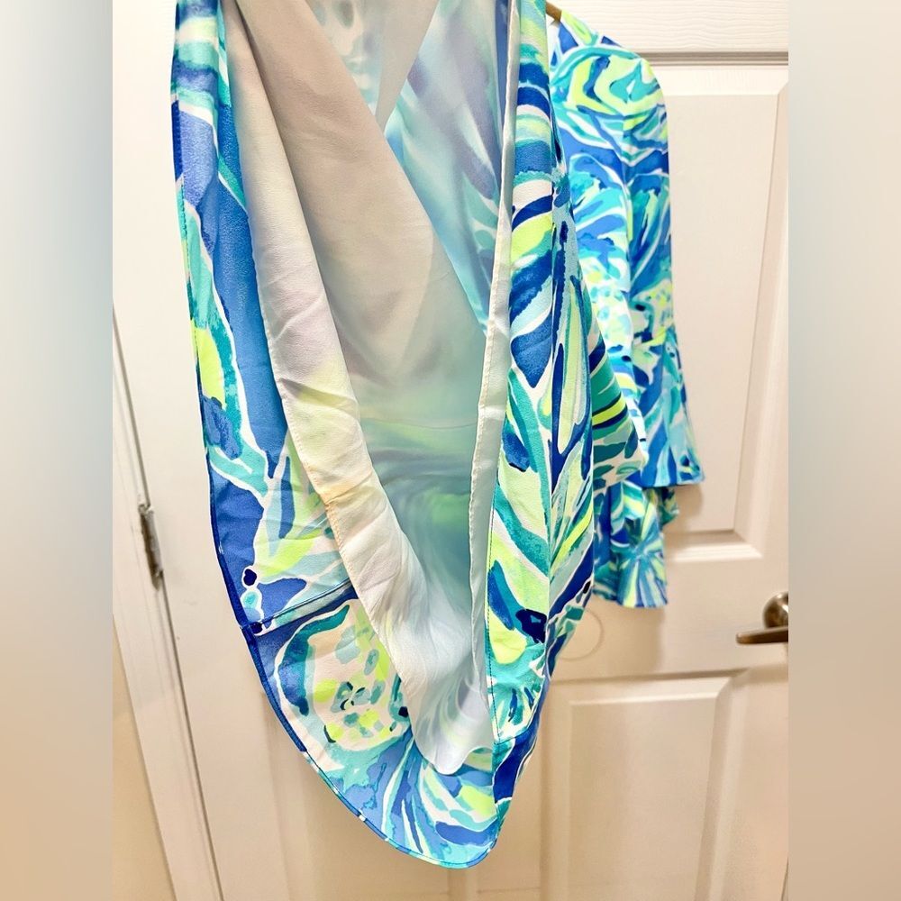 Lilly Pulitzer Dress Rosalia Beckon Blue Palm Passage Crepe Flounce Sleeves 00 - Picture 9 of 11